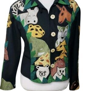 Anage 90s vintage Safari embroidered  Animal Art women blazer jacket SZ Medium
